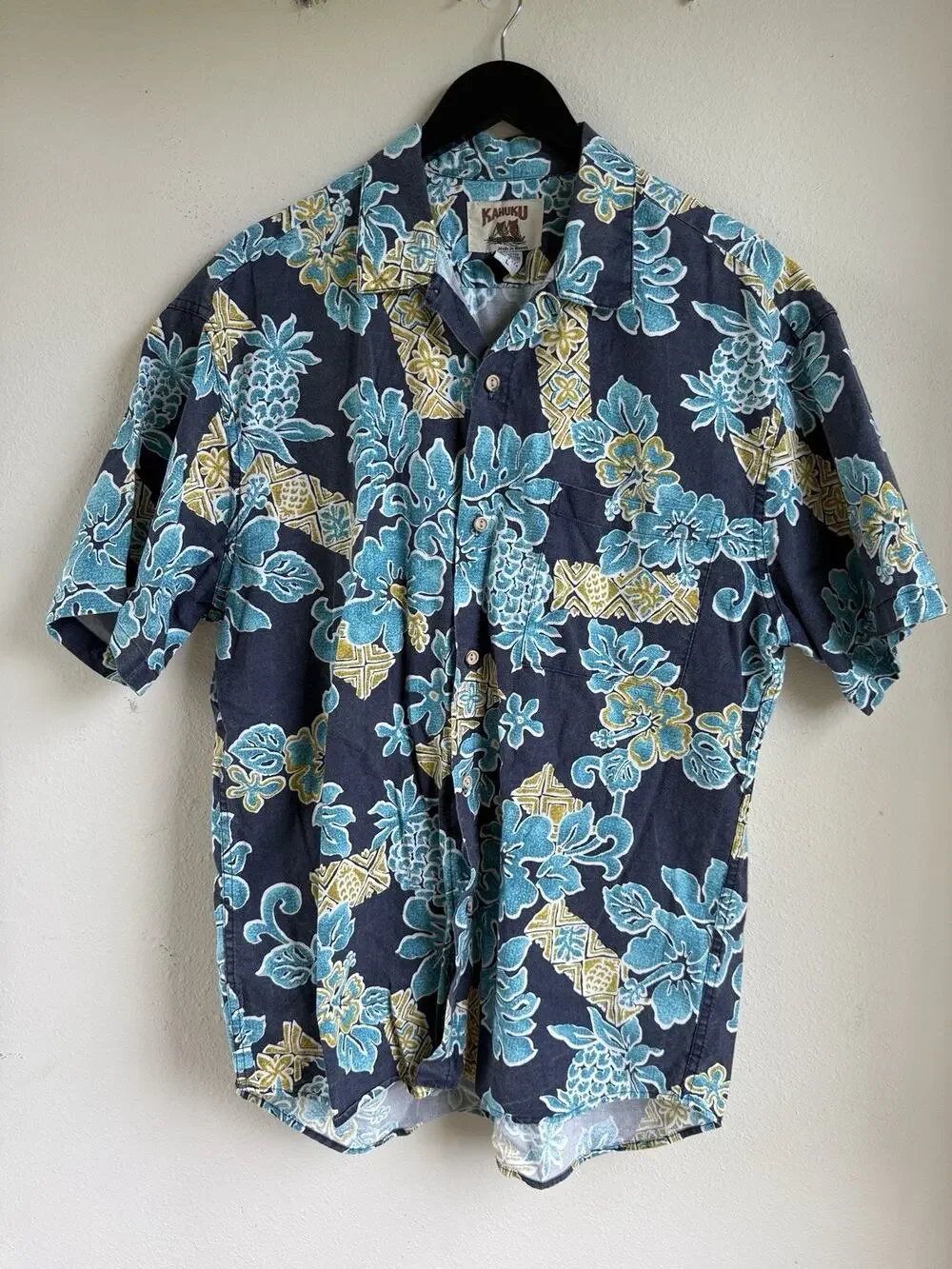 Kahuku Hawaii Mens Hawaiian Shirt XL Button Up Blue Tropical Pocket Cotton